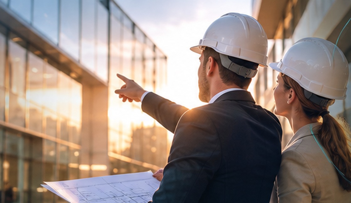 Professionnels étudiant la sécurité d’un bâtiment contemporain sur site